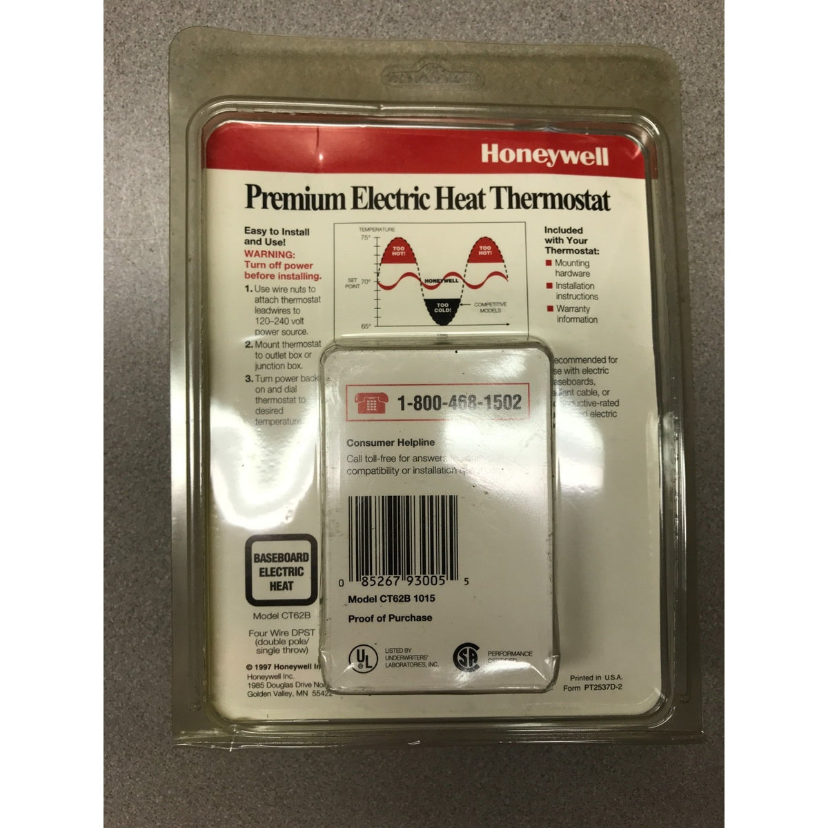Honeywell Premium Electric Heat Thermostat in its original retail blister packaging, model CT7580-1015. back of packaging