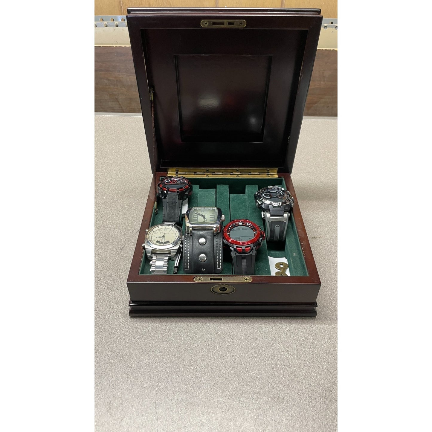 2000 Bombay Company Jewelry Watch Box Mahogany Wood with Keys, Watches INCLUDED view of open case with watches displayed