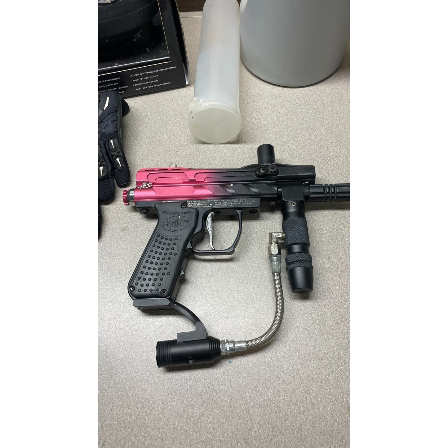 Spyder Pilot ACS Paintball Gun Black/Pink Lot, No Barrel, Accessories Included closeup of paintball gun