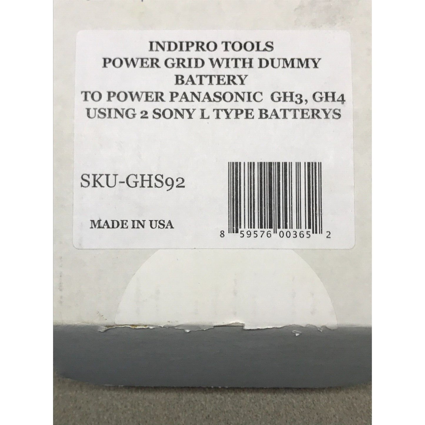 Indipro Power Grid with Dummy Battery to Power Panasonic GH3 GH4 using2 Sony L type Batteries product label