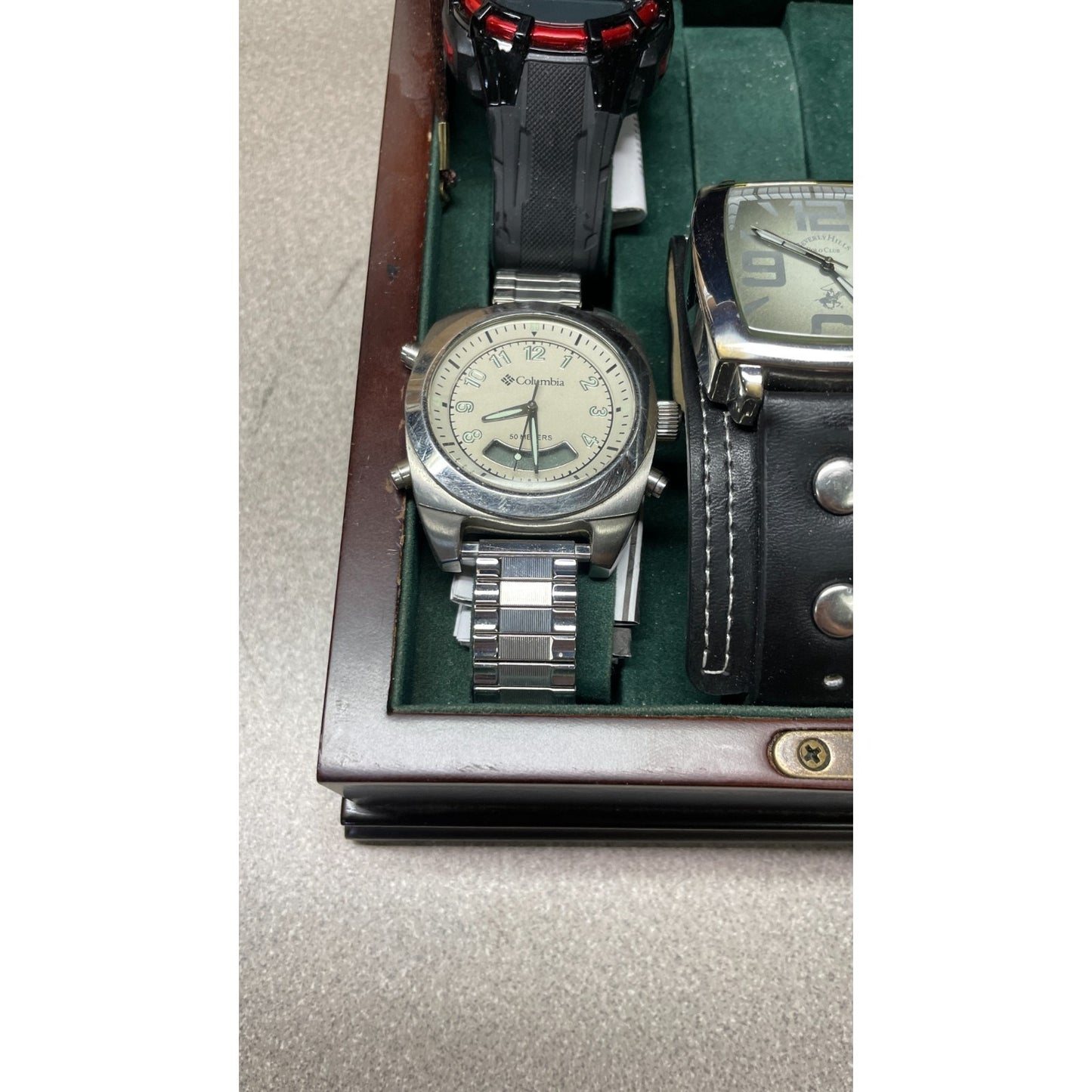 2 closeup of 000 Bombay Company Jewelry Watch Box Mahogany Wood with Keys, Watches INCLUDED closeup of Columbia watch