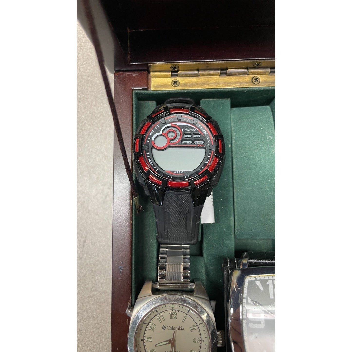 2000 Bombay Company Jewelry Watch Box Mahogany Wood with Keys, Watches INCLUDED closeup of black and red Armitron watch