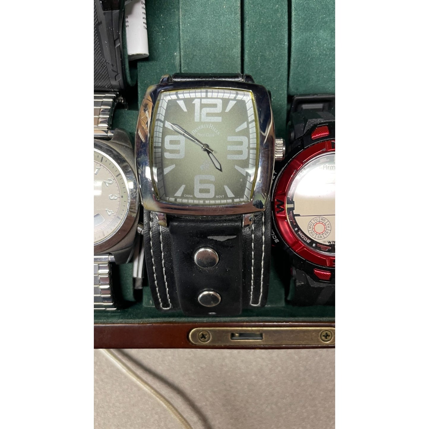 2000 Bombay Company Jewelry Watch Box Mahogany Wood with Keys, Watches INCLUDED closeup of Beverly Hills Polo Club watch