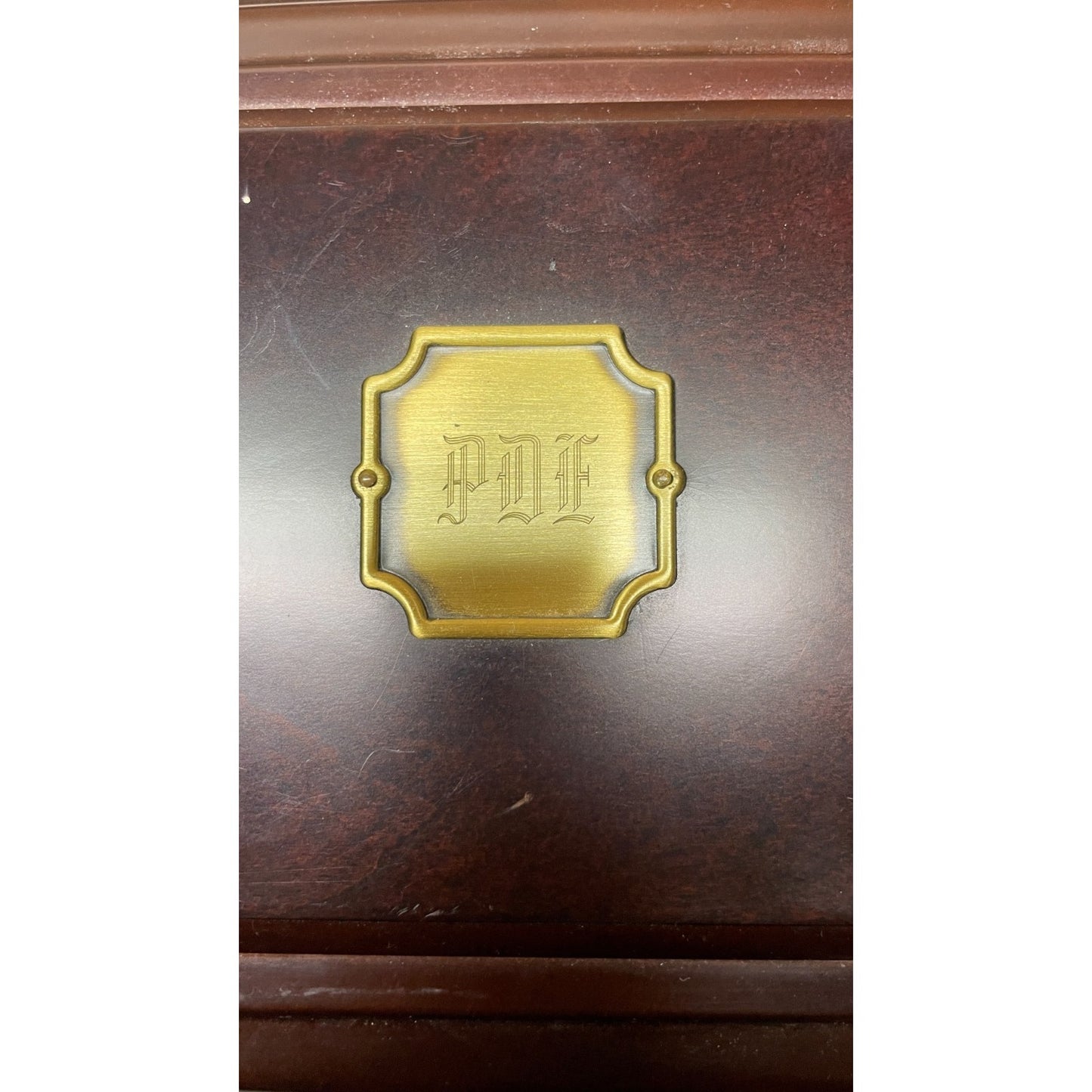 2000 Bombay Company Jewelry Watch Box Mahogany Wood with Keys, Watches INCLUDED close up of monogram on top of box, PDE