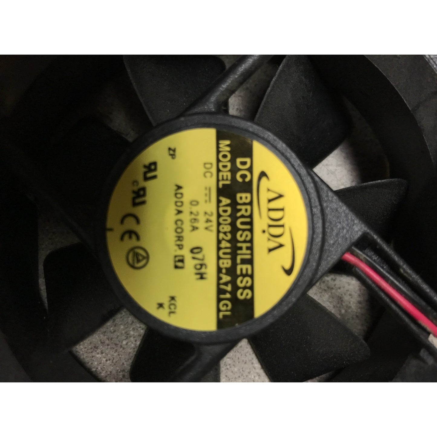 DC Brushless 2 Wire Fan ADDA AD0824UB-A71GL 12VDC closeup of product label