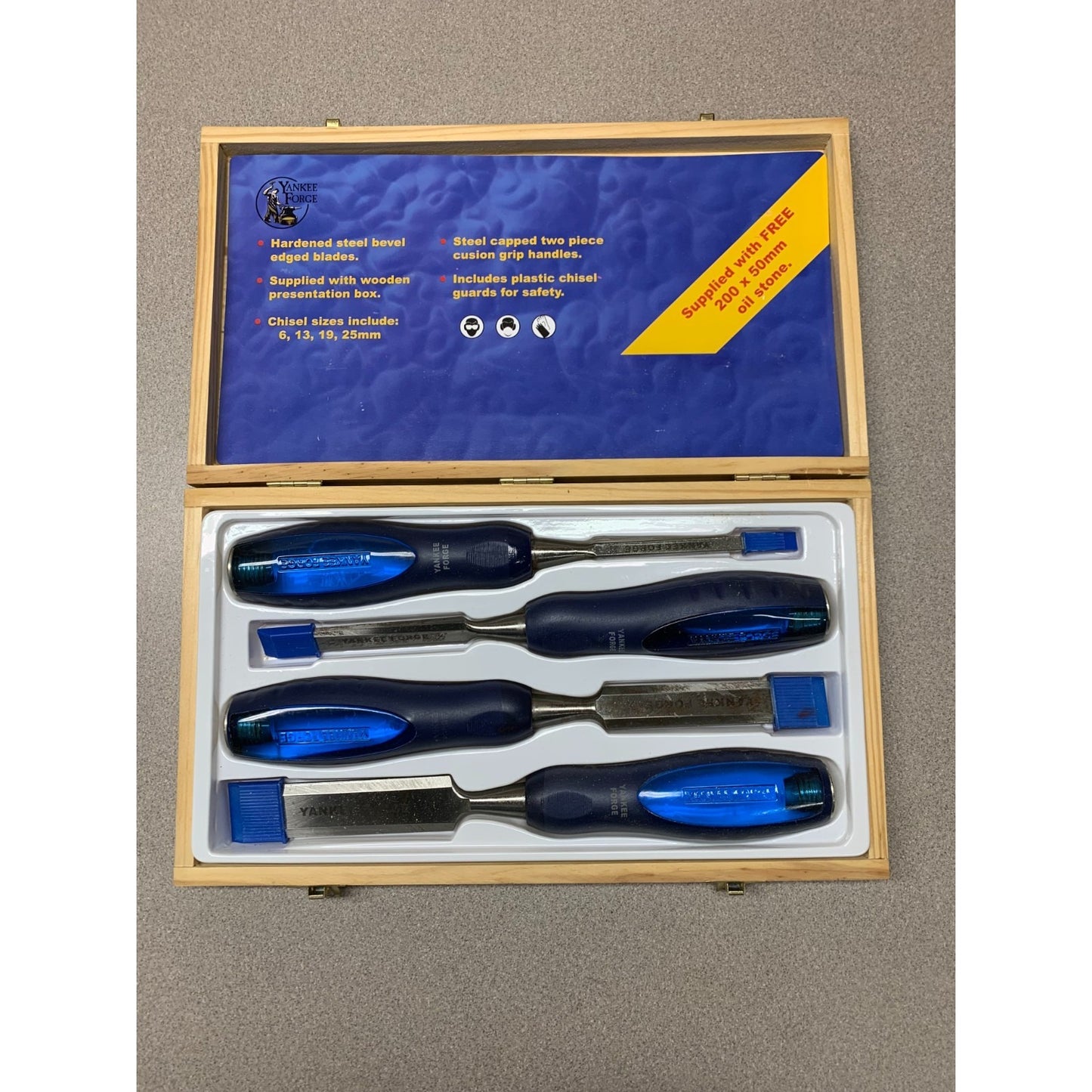 4pc Wood Chisel Set Yankee Forge - Includes sizes 1/4", 1/2", 3/4", 1" open box displaying chisels