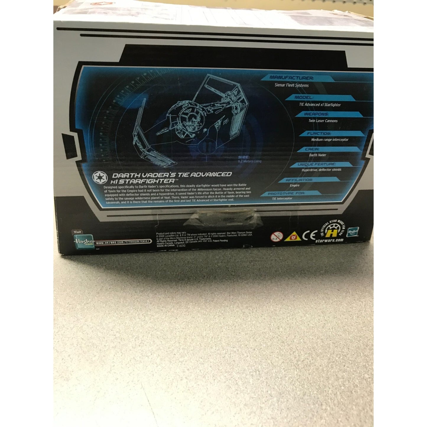 Star Wars Titanium Series Die Cast Darth Vader's StarFighter with Display Case back of package item details