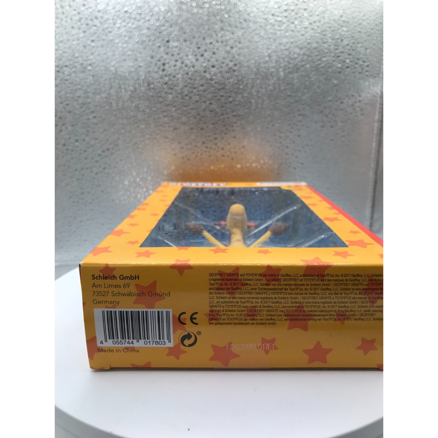 Geoffrey Figure from Schleich ToysRUs bottom of box with UPC
