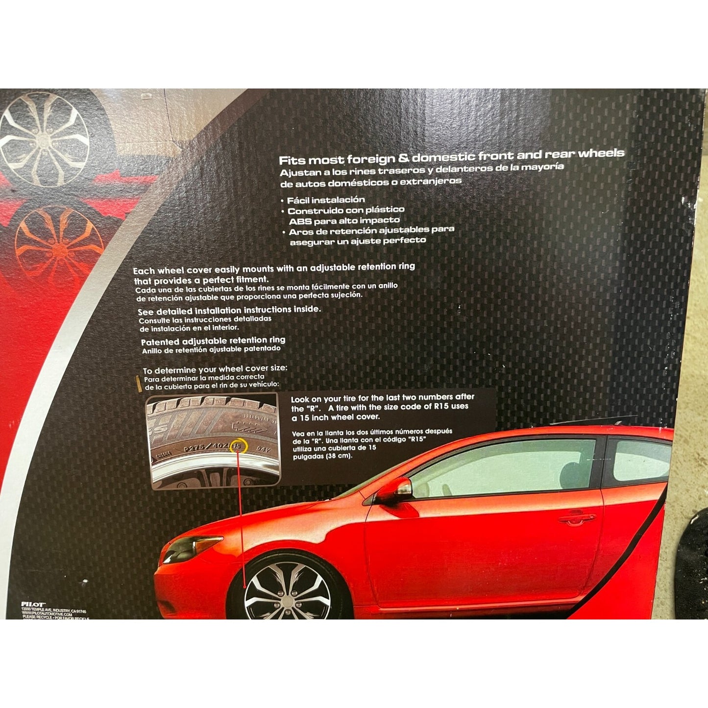 Pilot Performance Series 15 in diameter Wheel Covers lot of 4 WH553-15S-BS back of box item details