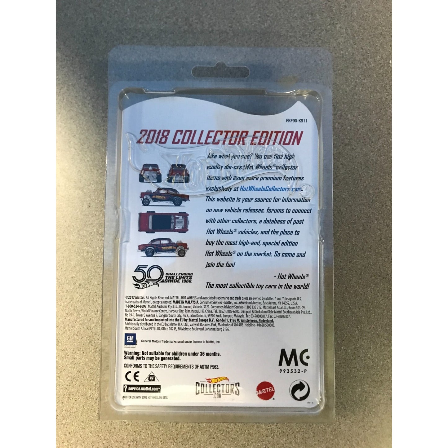 2018 Collector Edition Hot Wheels HW '55 Chevy Bel Air Gasser 50th Anniversary back of package item details