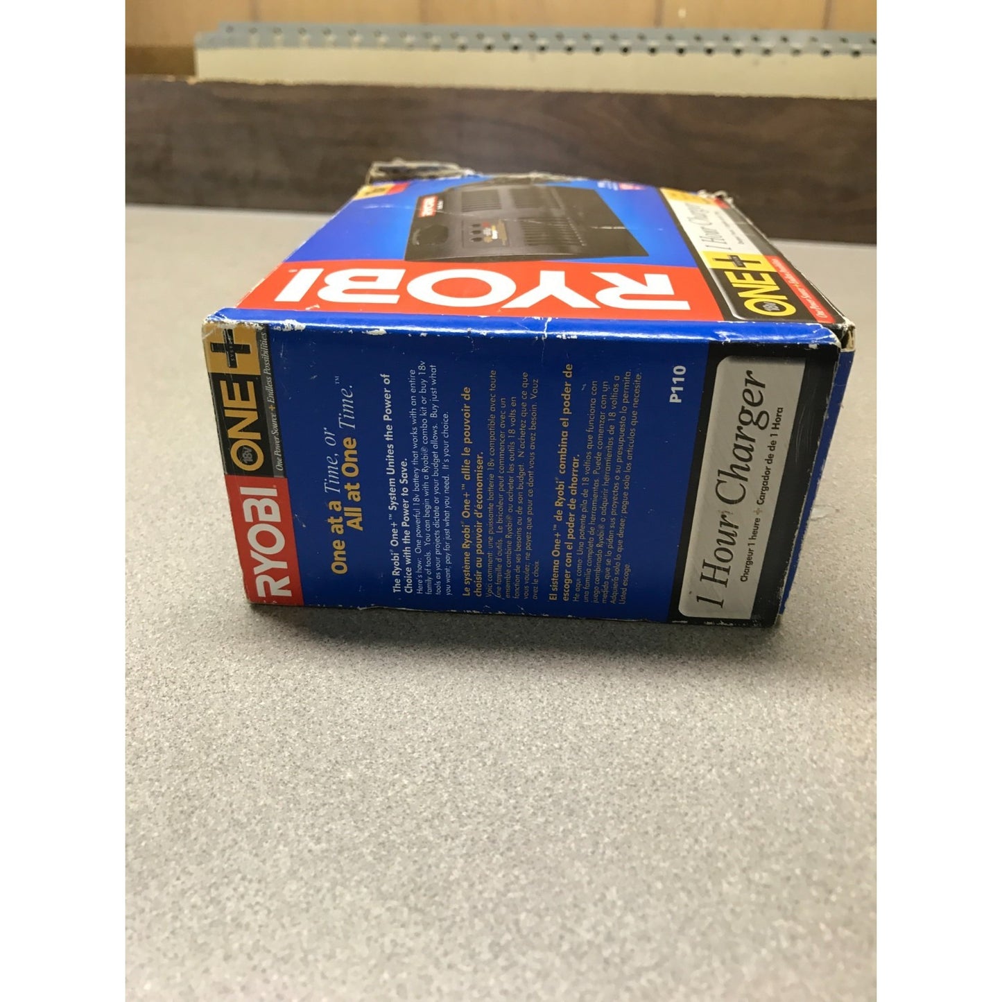 RYOBI One+ 18v Battery Charging Station, P110 with Original Box side of box item details