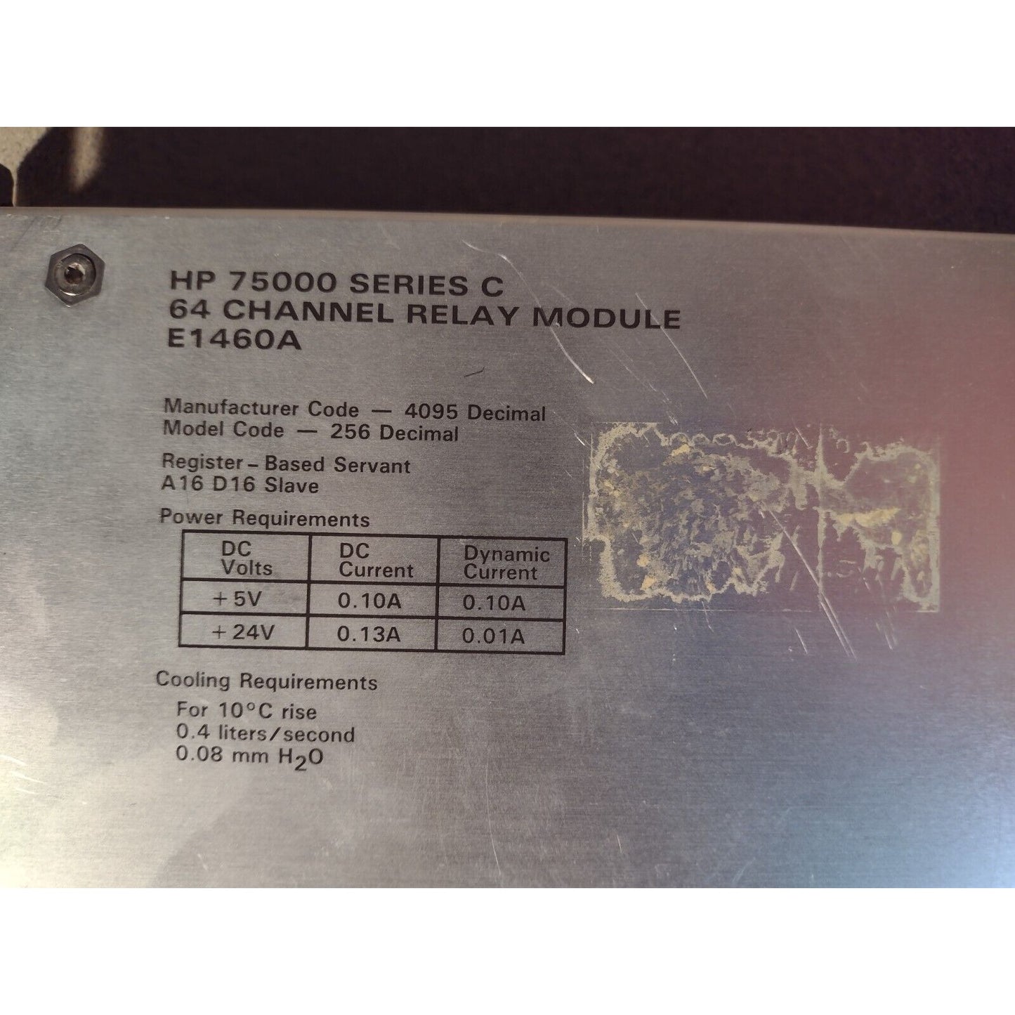 HP E1460-66201 64-Channel Relay Module product label closeup power requirements