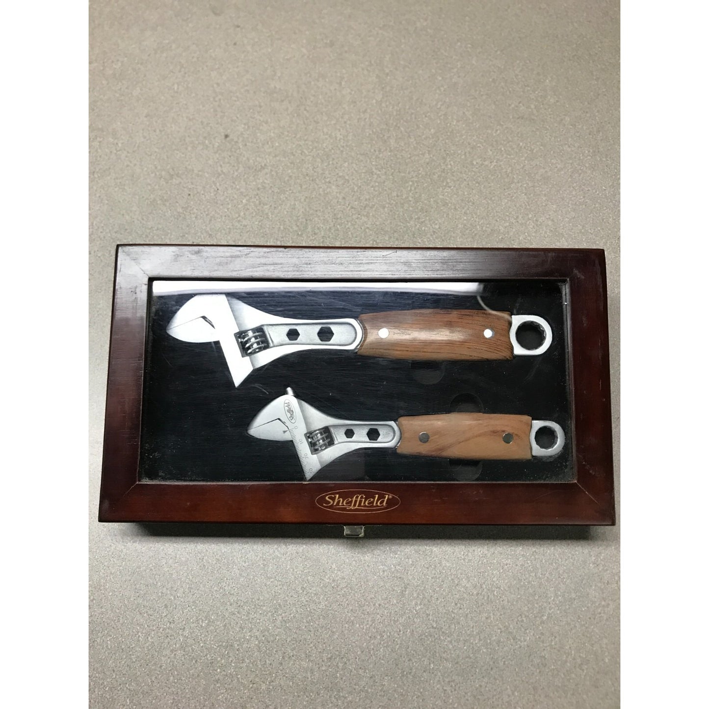 Sheffield Commemorative Wood Handle Adjustable Wrench Set of 2 in display case