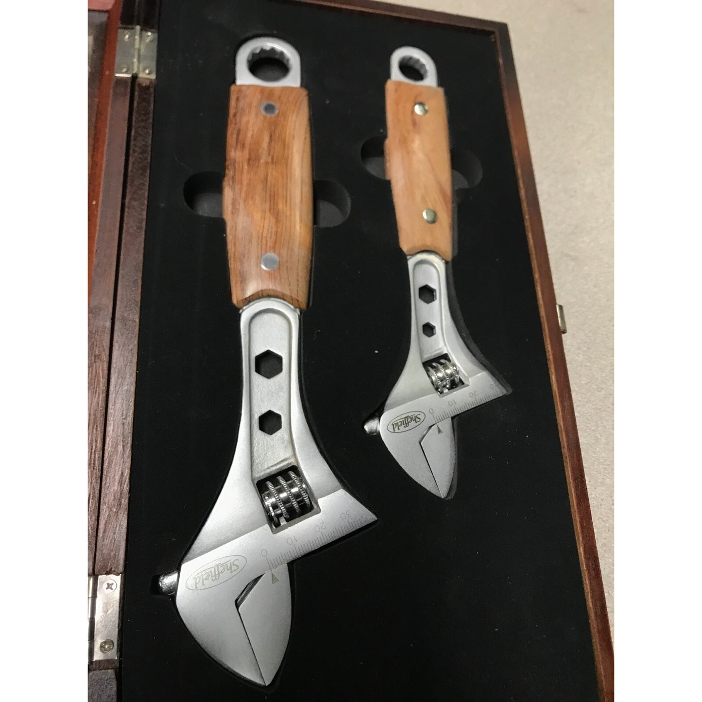 Sheffield Commemorative Wood Handle Adjustable Wrench Set of 2 in display case