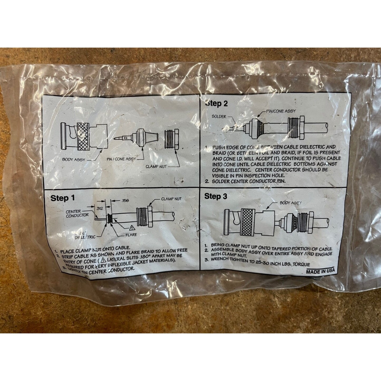 Trompeter Electronics BNC Wrench Crimp Connector back of package installation instructions
