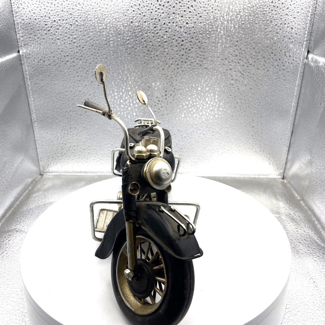 Antique Metal Harley Replica Motorcycle Art, 12 Inches Long front end view