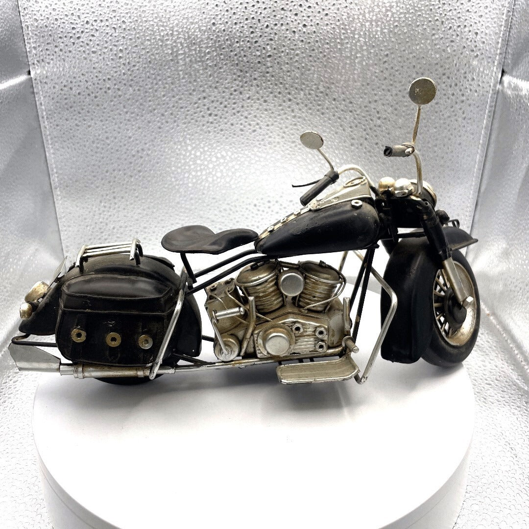 Antique Metal Harley Replica Motorcycle Art, 12 Inches Long passenger side view