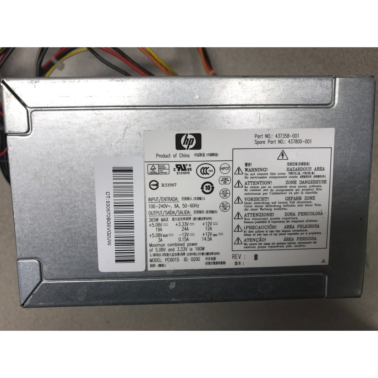 HP 437358-001 - 365W Power Supply For HP DC7700 DC7600 DC7900 ML110 G5 product label