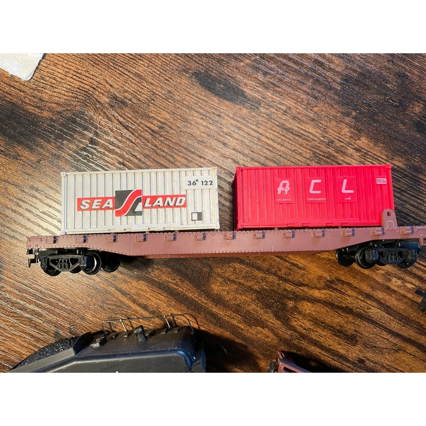 Vintage Train 1950's HO Scale Michigan Central Rail Road Train Lot train car closeup flatbed with 2 containers