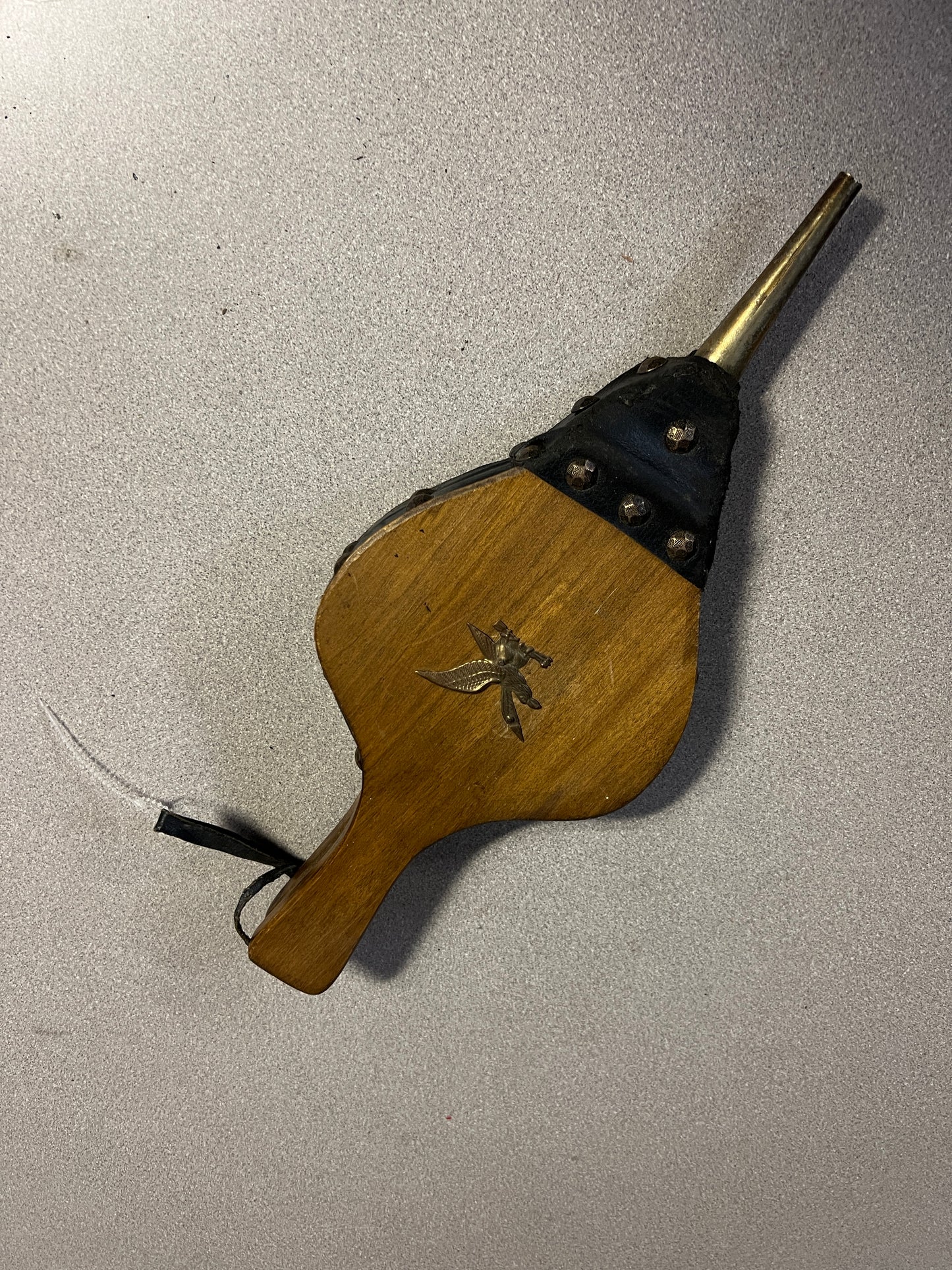 Eagle Antique Fireplaces Vintage Wood & Leather Fire Place Bellows with Brass Eagle front side