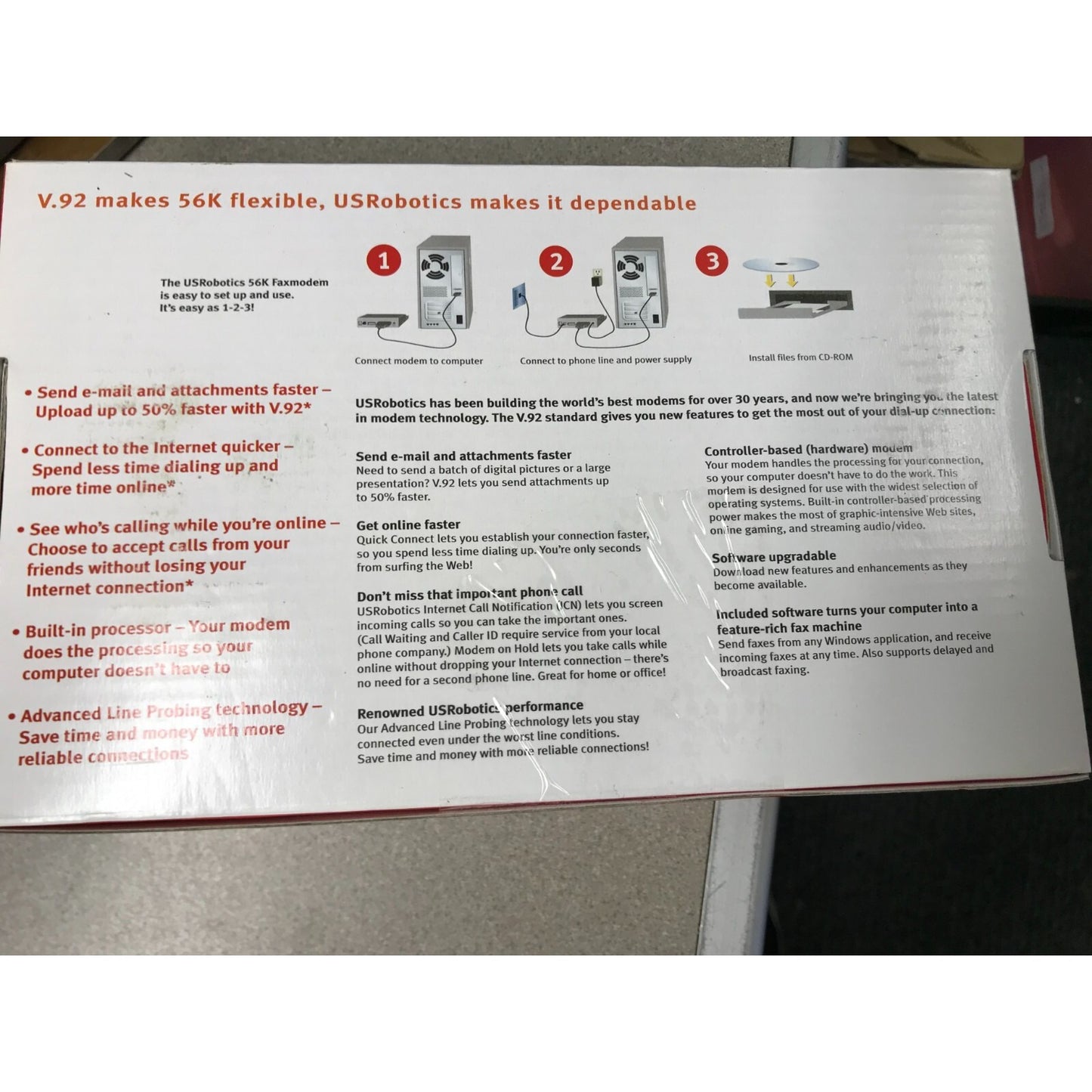 USRobotics 56k Faxmodem Model 5686E back of box installation instructions