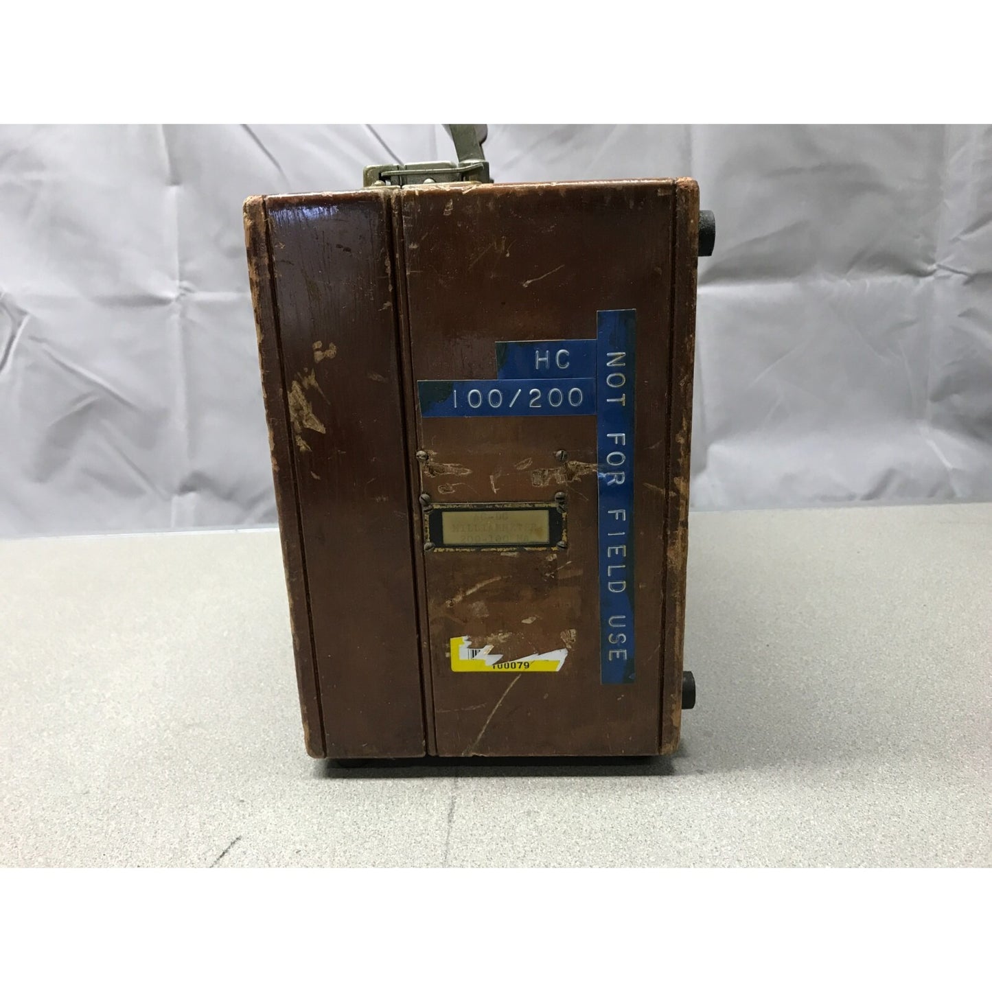 Vintage 1953 Weston A.C. & D.C. Milliameter Model 370 side view of case with labels "not for field use"