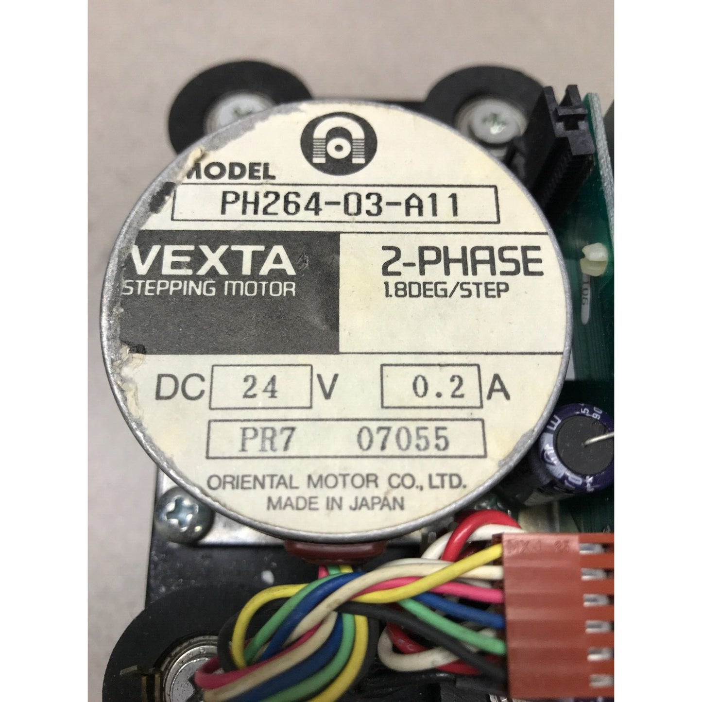 Vexta Stepping Motor 2-phase 18 deg/step DC 24V 0.2A - Oriental Motor Co. Model PH264-03-A11 label closeup