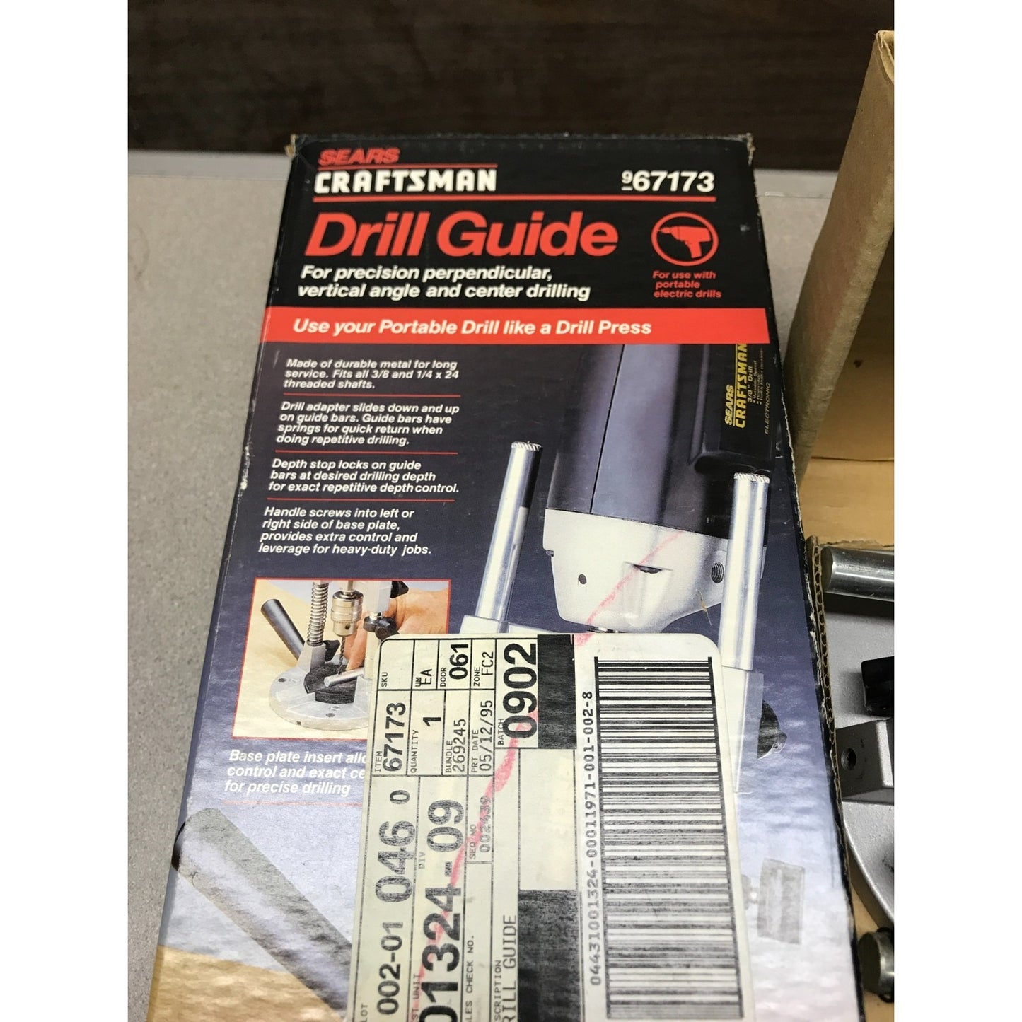 Sears Craftsman Drill Guide, Model 67173 closeup of box with item details