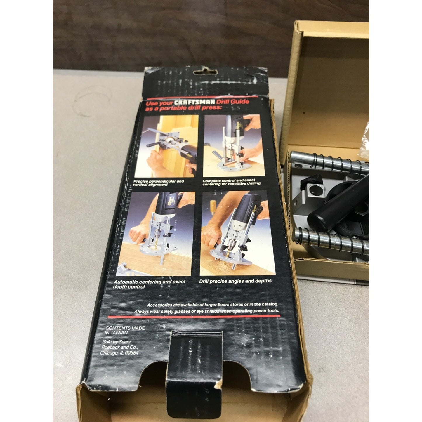 Sears Craftsman Drill Guide, Model 67173 back of box shows item applications and details