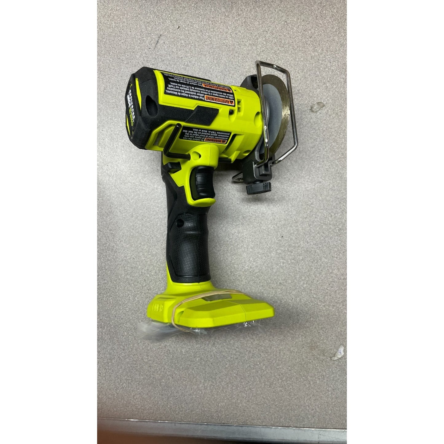 Ryobi PSBCS02 ONE+ HP Brushless Cut-Off-Saw front/side view of saw with product label visible