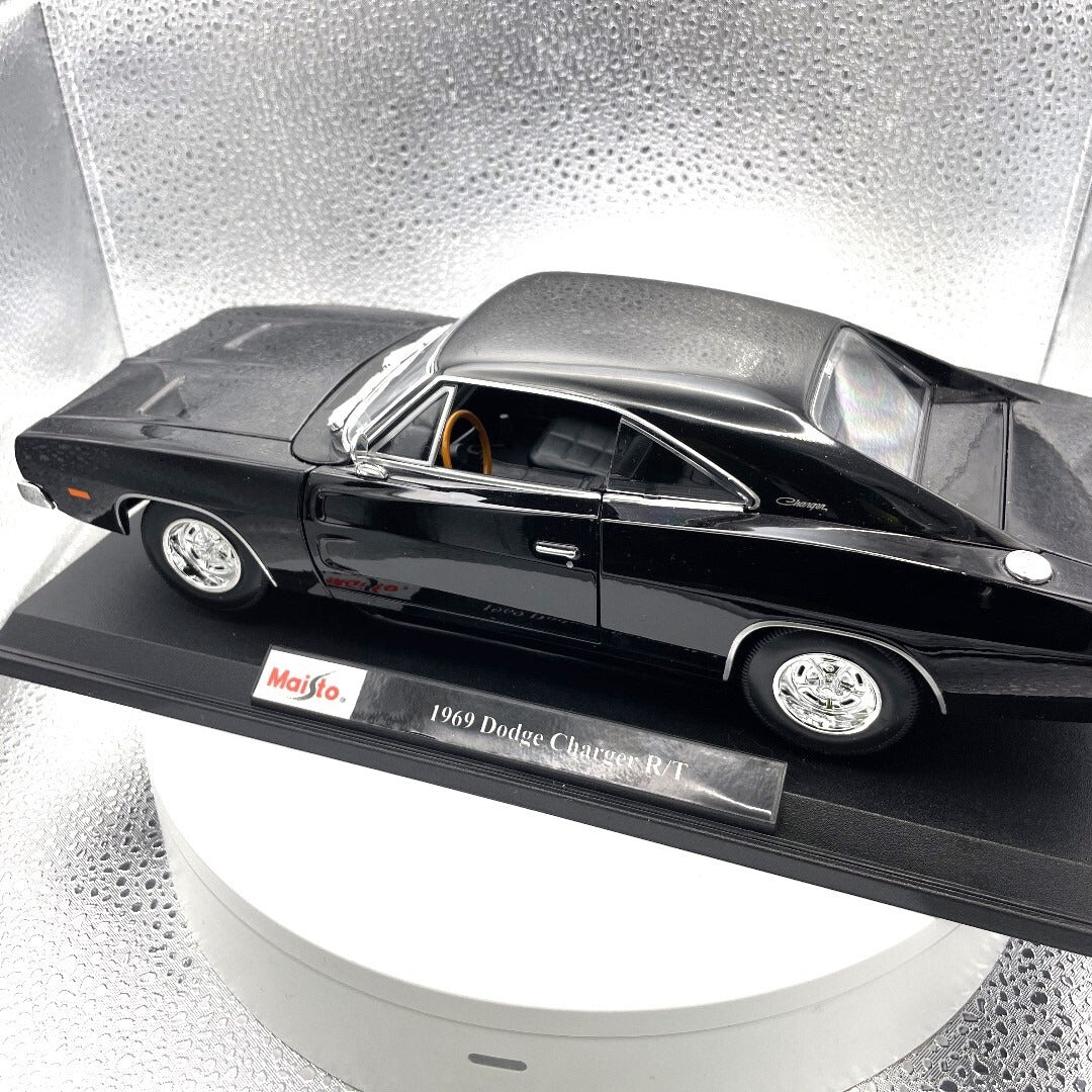 Maisto 1969 Dodge Charger R/T Black Die Cast with Base, Scale: 1/18 driver's side view