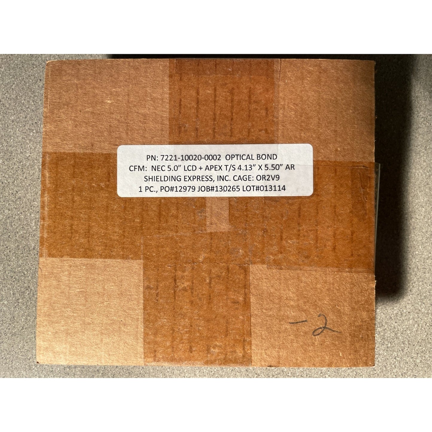 7221-10020-0002 Optical Bond, Connect Live Touchscreen box with product label indicating part number, manufacturer