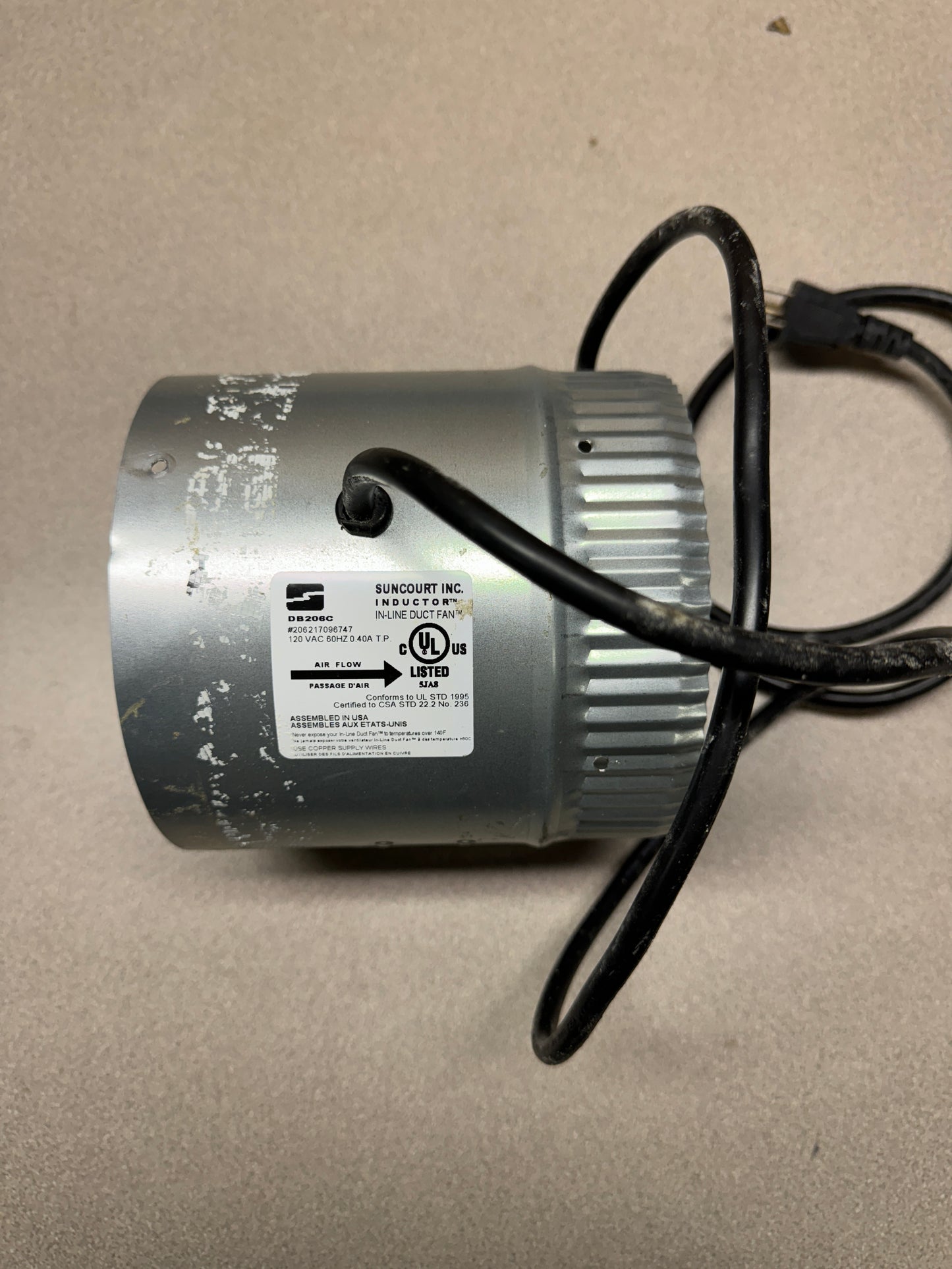 Suncourt Inc Inductor in-line Duct Fan DB206C 120VAC