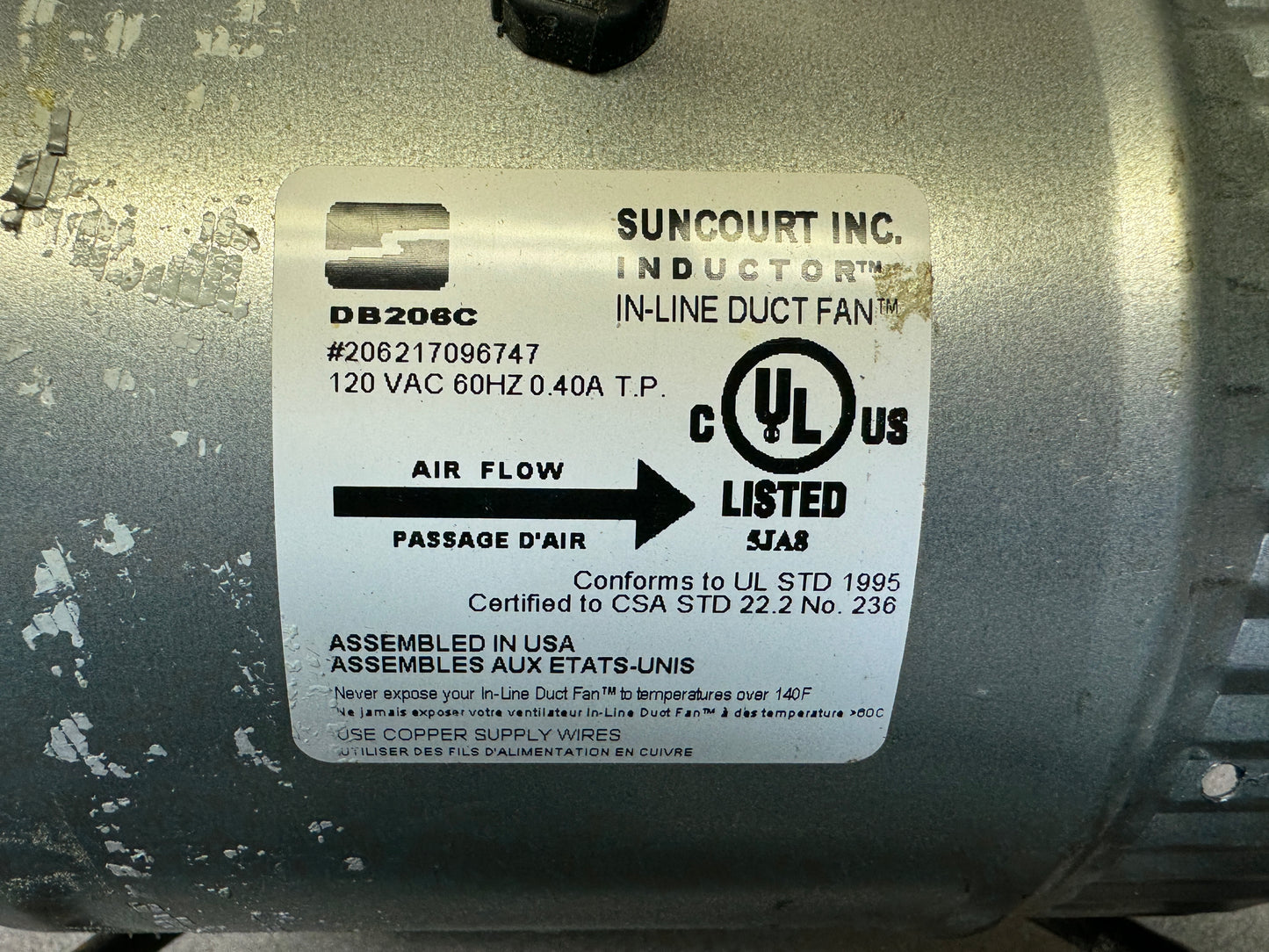 Suncourt Inc Inductor in-line Duct Fan DB206C 120VAC label