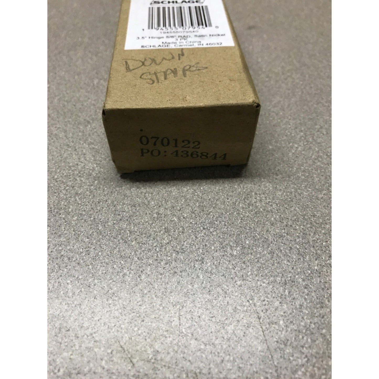 Schlage 3.5" Hinge 5/8" RAD, Satin Nickel bottom of box