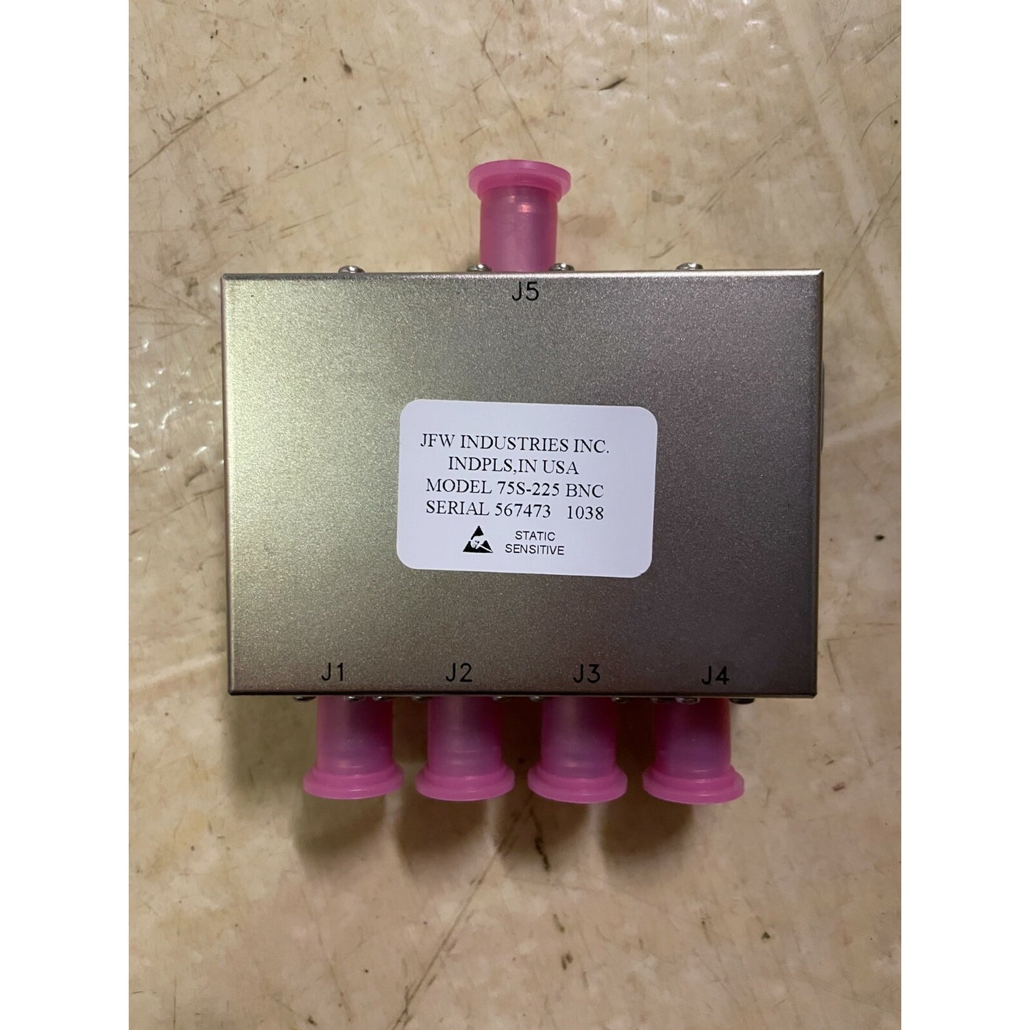 JFW Industries Inc Model 75S-225 BNC Splitter top of unit with product label