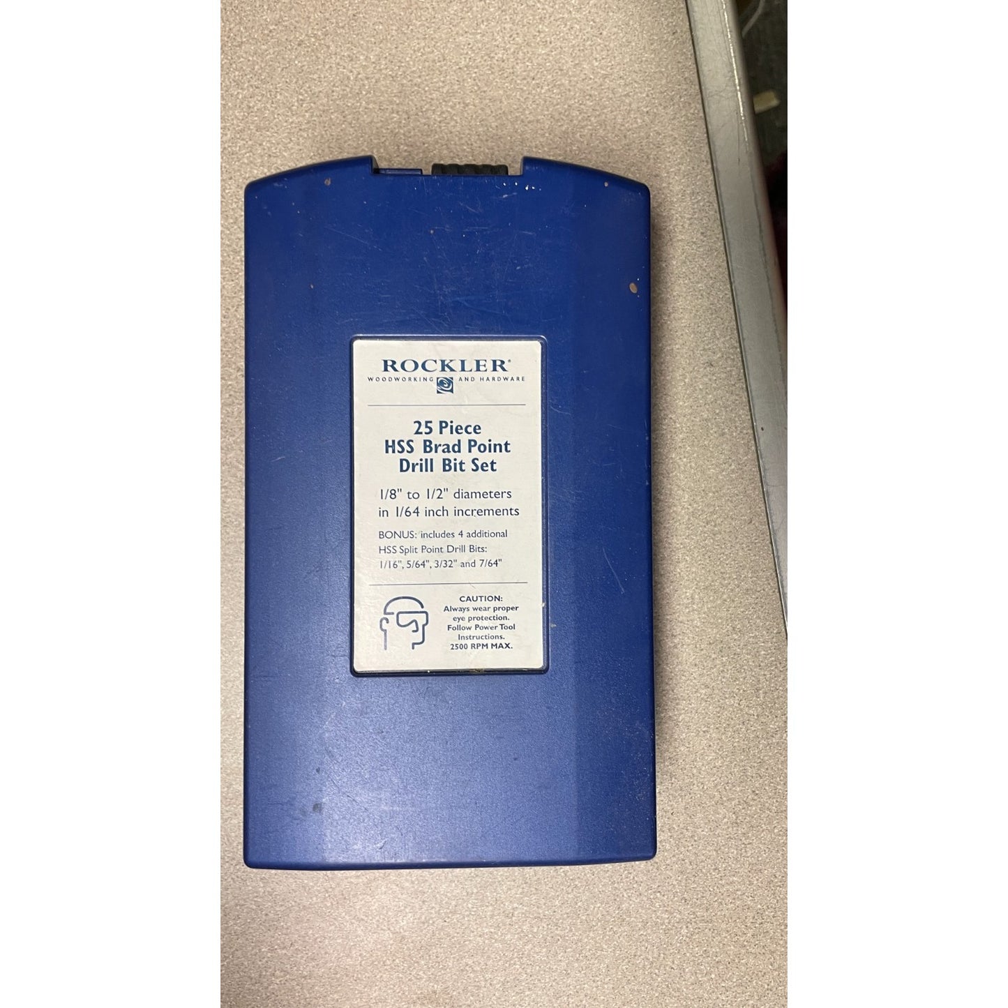 Rockler 25 Piece HSS Brad Point Bit Set, In Box front of case with product description