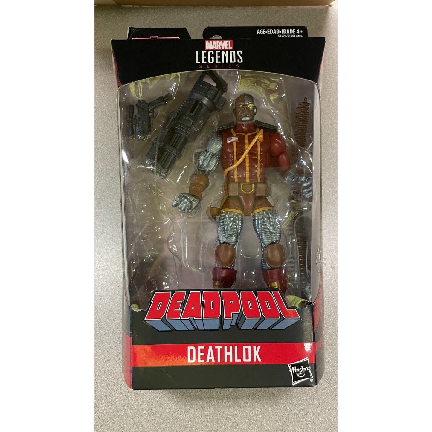 Marvel Legends Deadpool Deathlok Figure, missing a build piece front of package displaying item