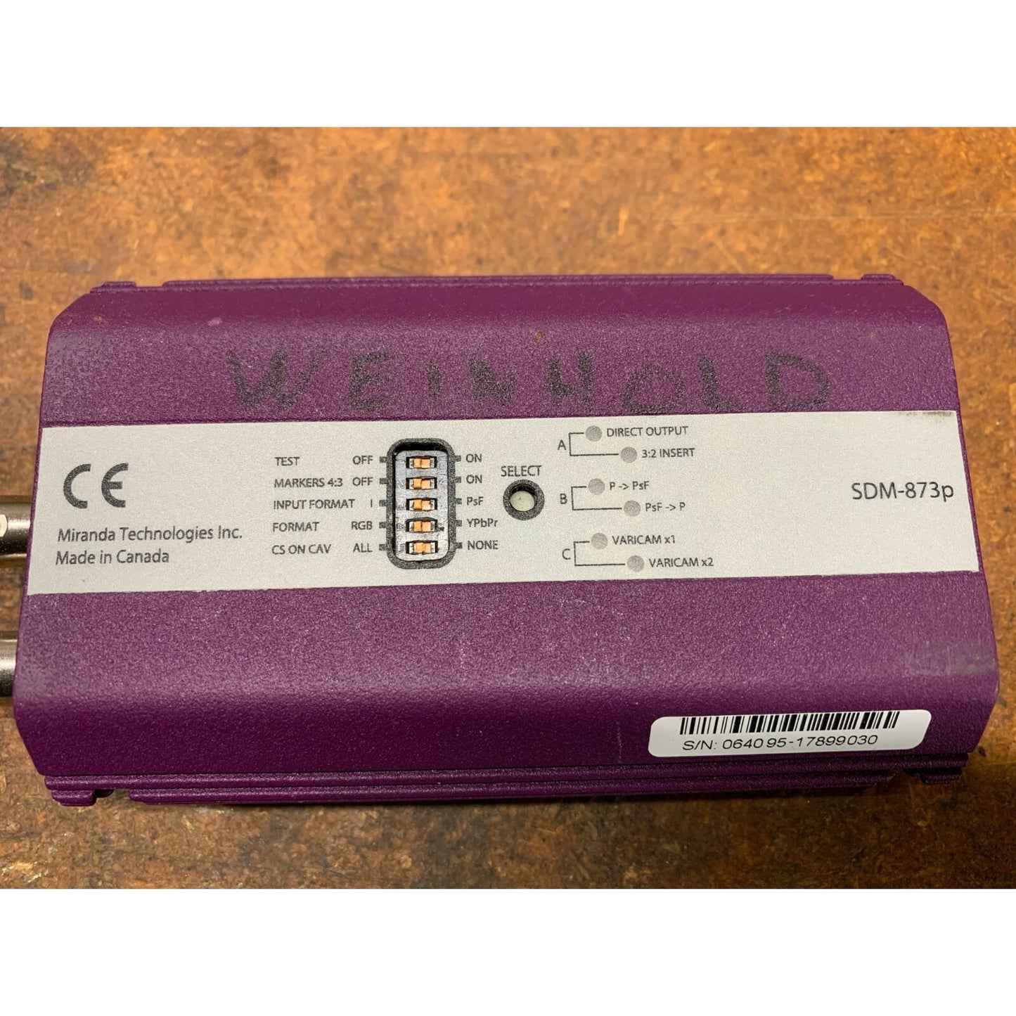 Miranda SDM-873p SDI/HSDI to DVI, Grass Valley back view with switch settings