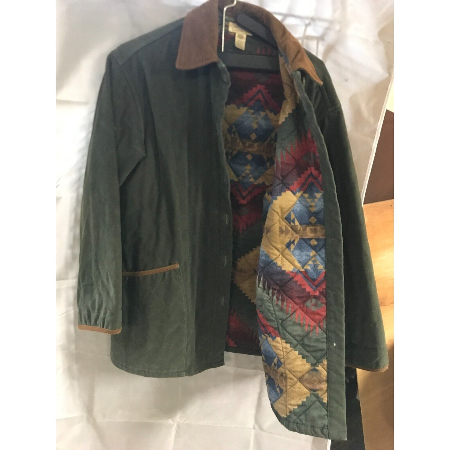 Jones New York Sport Dark Green Quilted Corduroy Coat Size Small front view showing quilted lining
