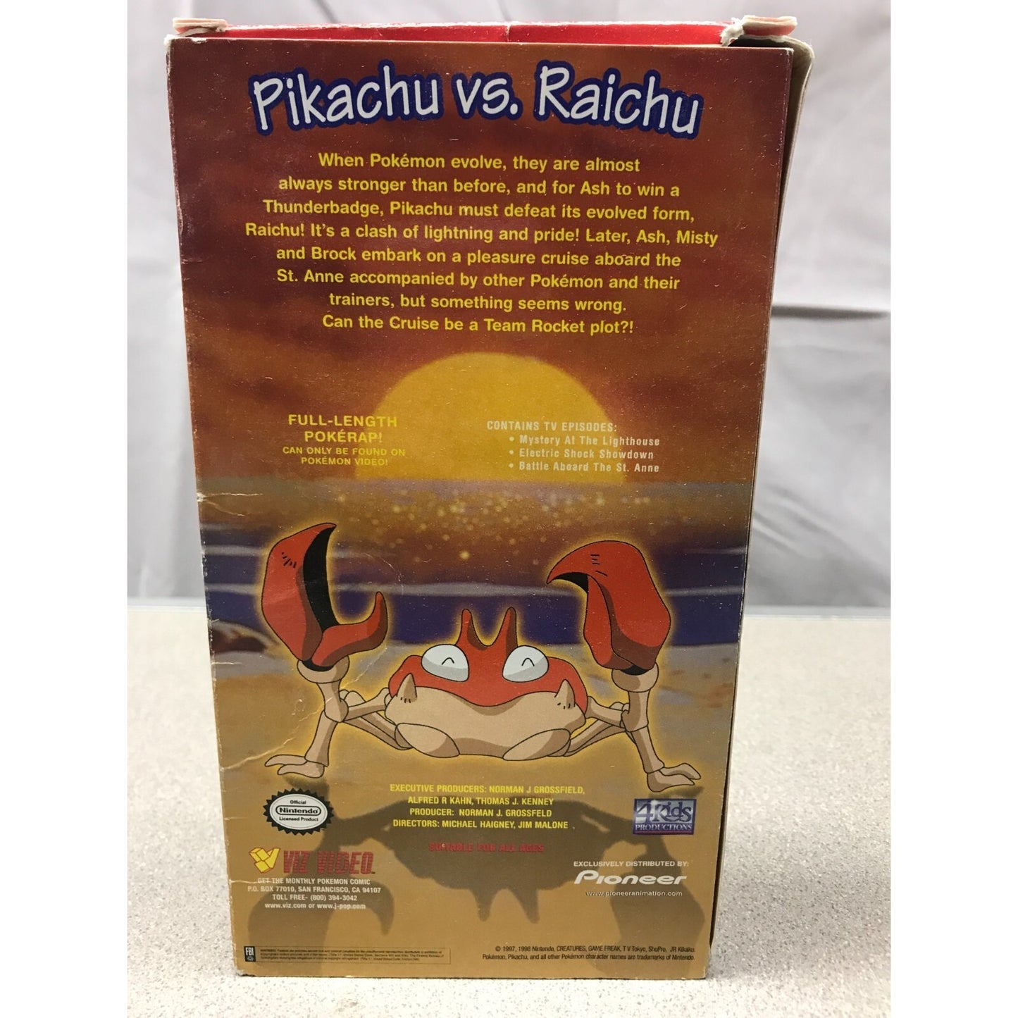 Pokemon VHS Set Includes: Poke-Friends, Thunder Shock, The Great Race, Fashion Victims, Seaside Pikachu, Pikachu Party back of Thunder Shock! case details