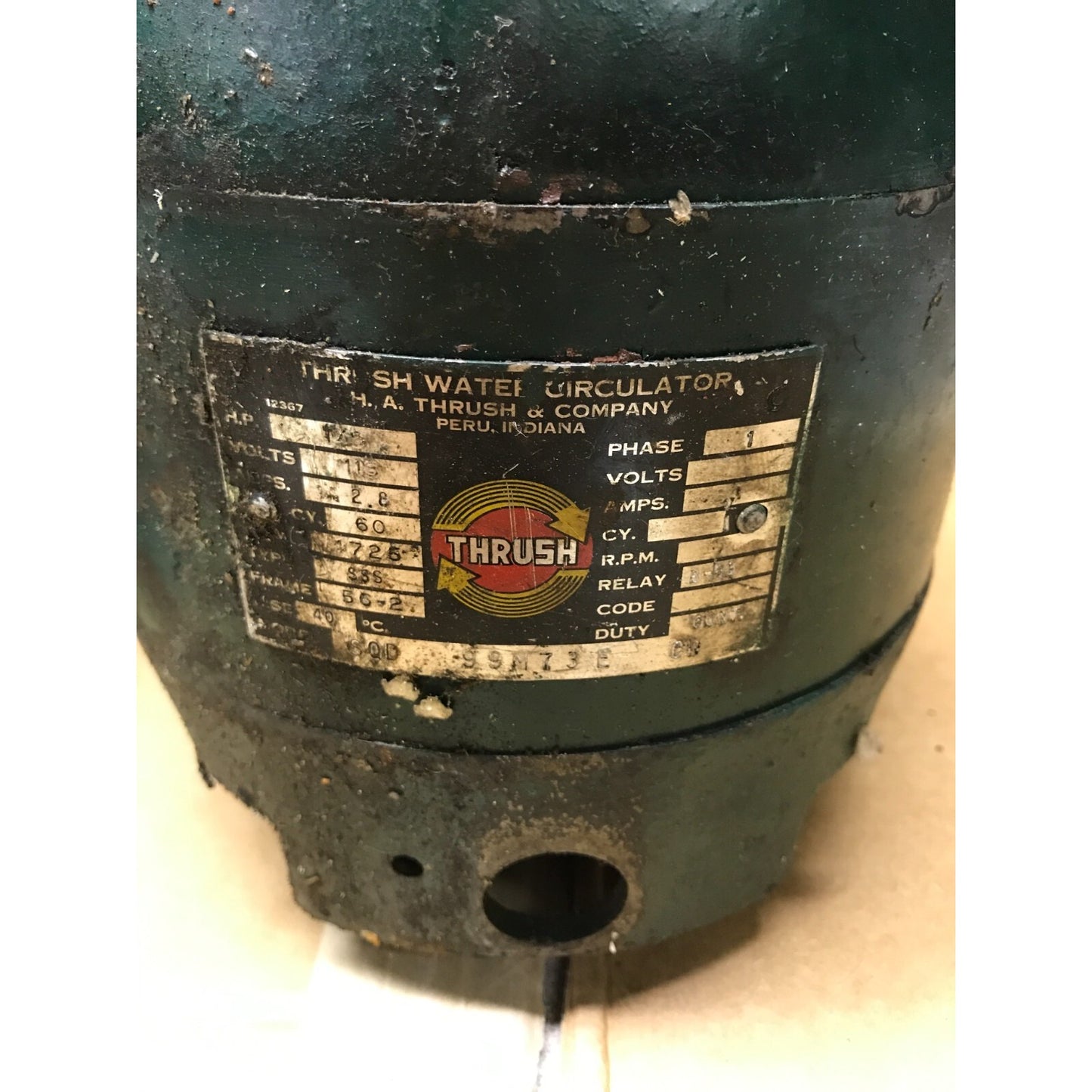 Thrush Water Circulator Model SQD, Vintage Used Green Housing, Motor and Centrifuge Attachment product label