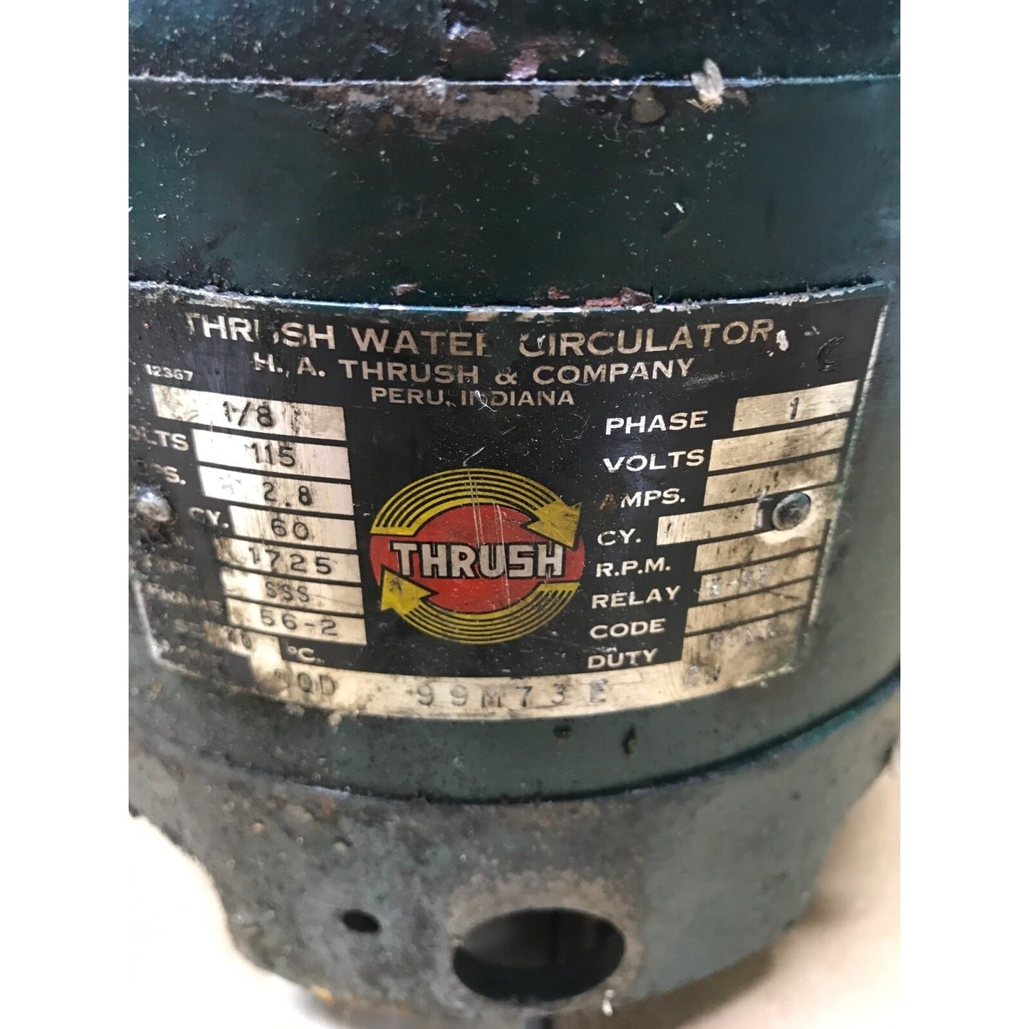 Thrush Water Circulator Model SQD, Vintage Used Green Housing, Motor and Centrifuge Attachment product label closeup