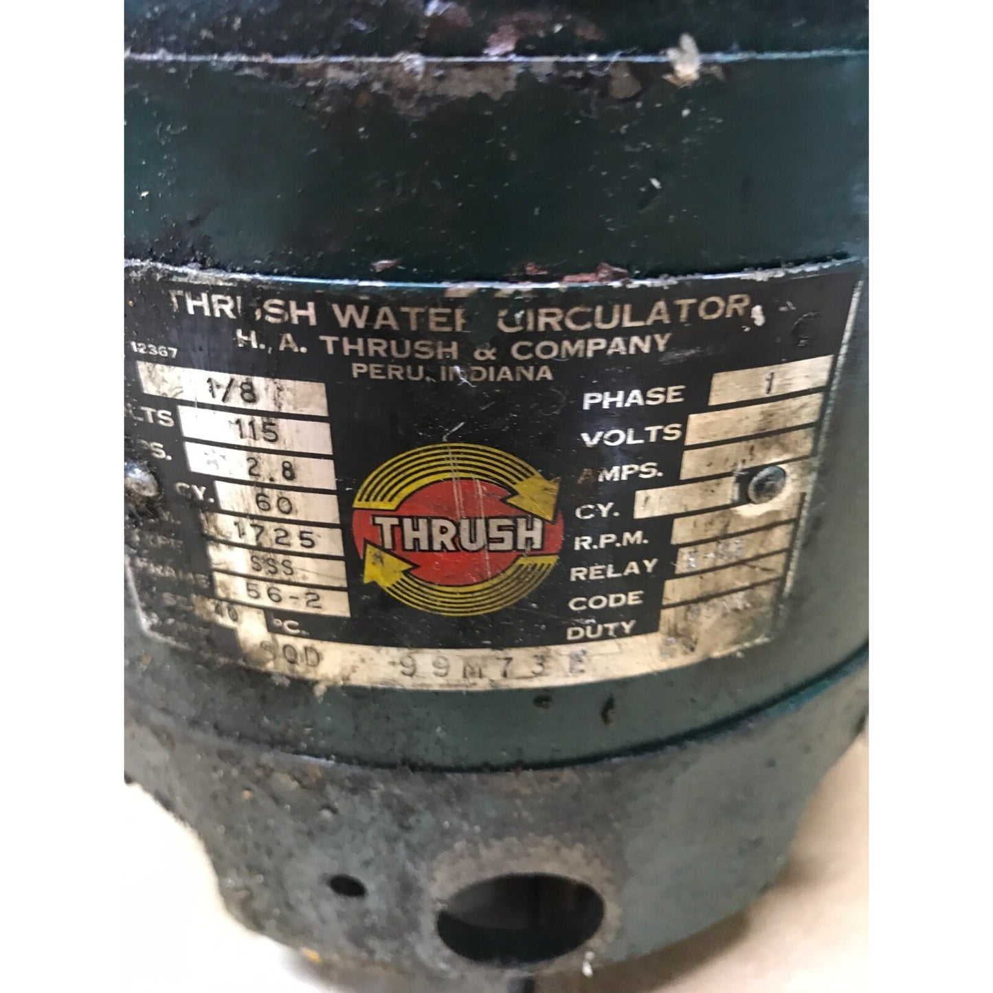 Thrush Water Circulator Model SQD, Vintage Used Green Housing, Motor and Centrifuge Attachment label close up