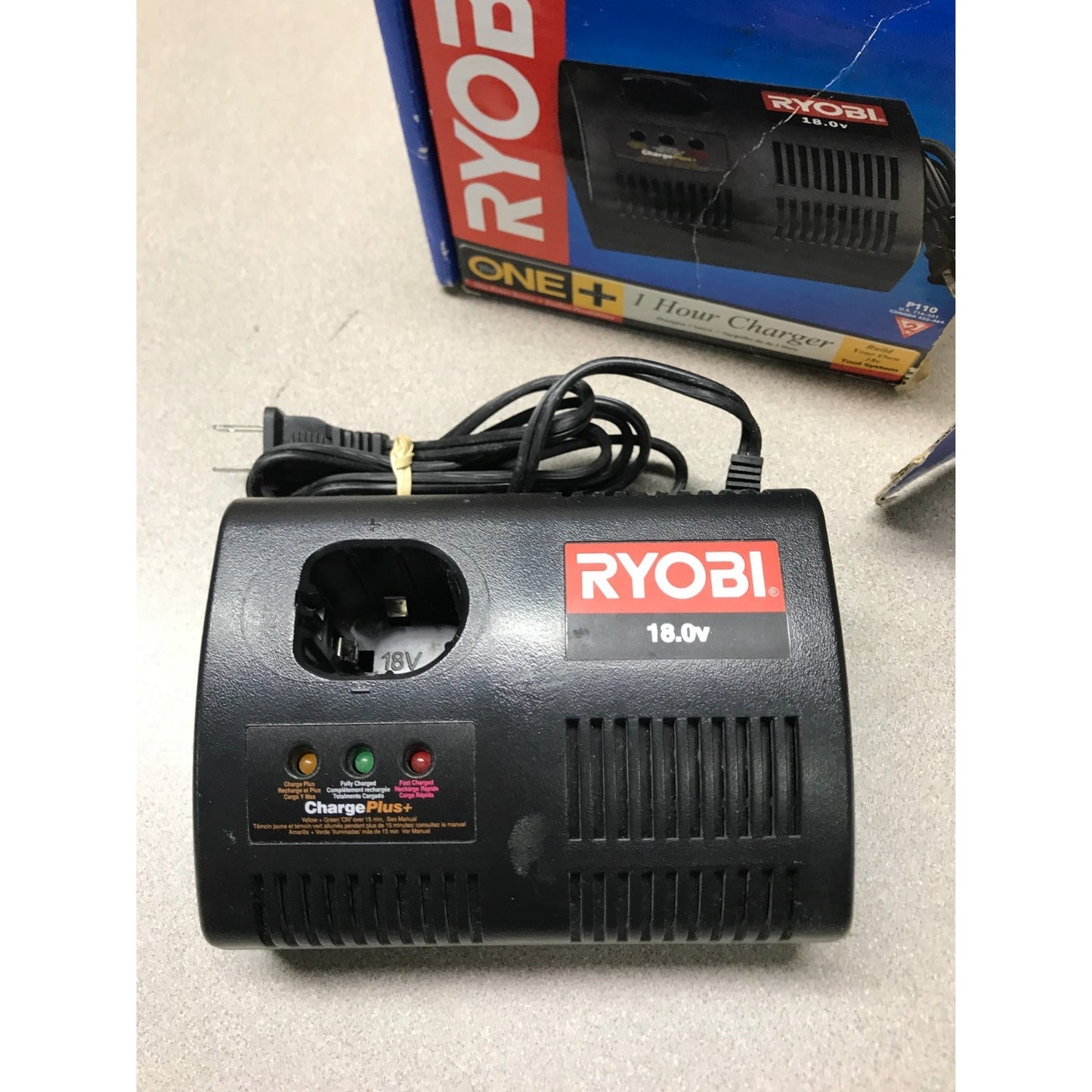 RYOBI One+ 18v Battery Charging Station, P110 with Original Box top view of charger