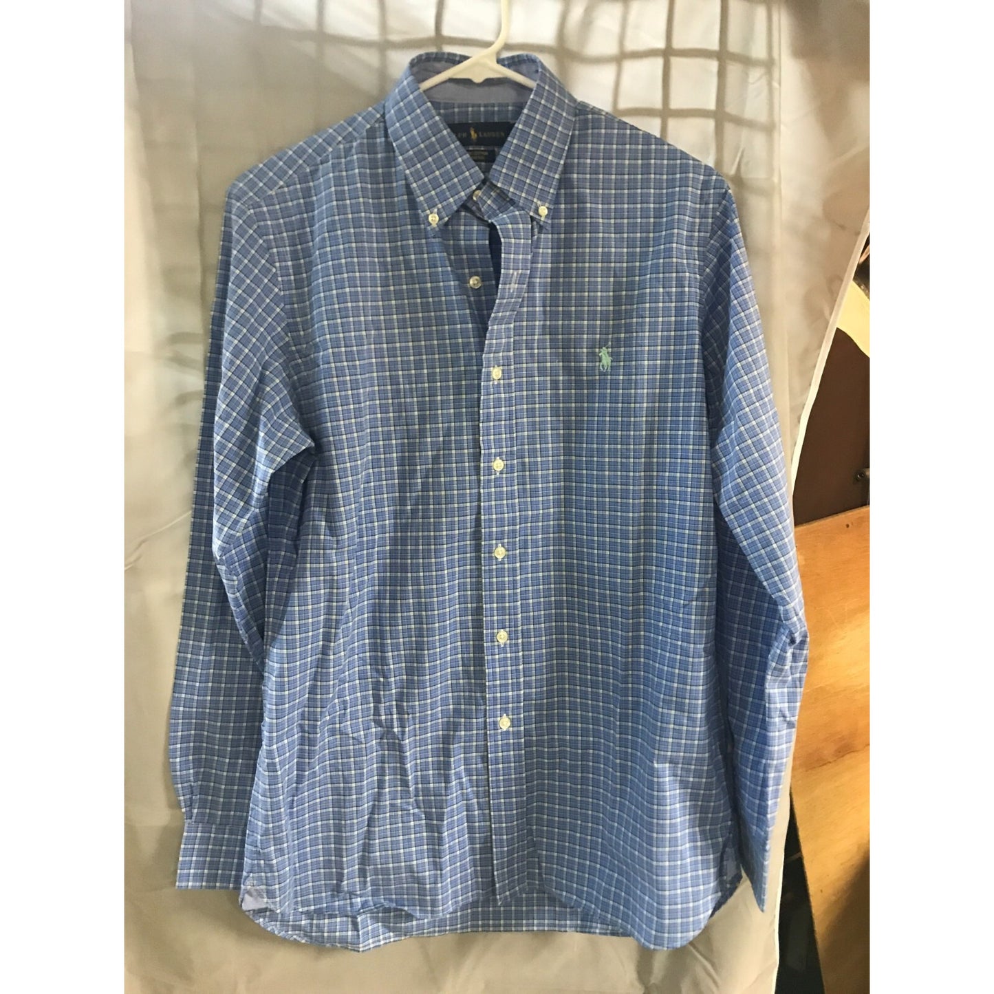 Ralph Lauren Cotton Blue Plaid Button Down Size Small front of shirt on hanger
