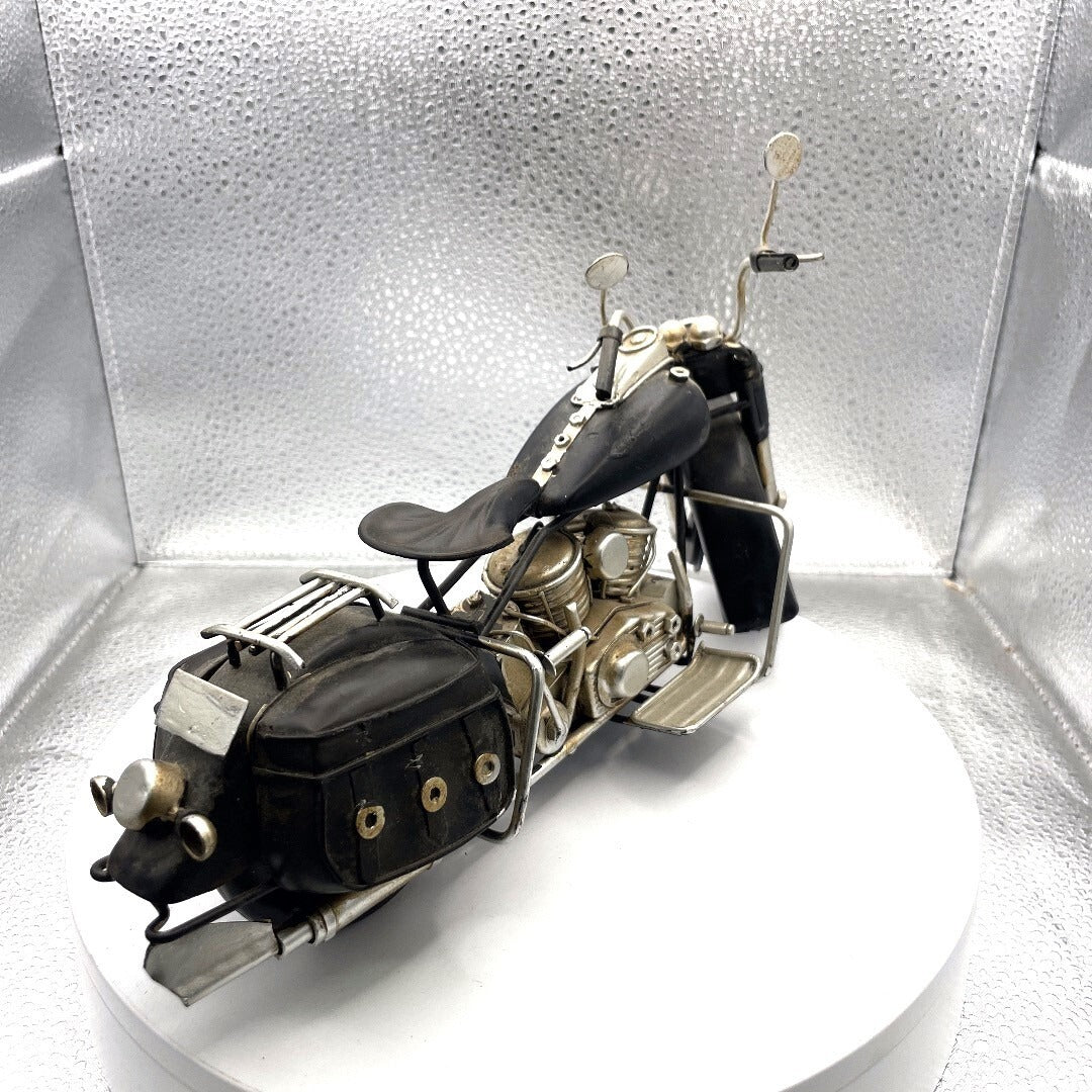 Antique Metal Harley Replica Motorcycle Art, 12 Inches Long rear/passenger side view