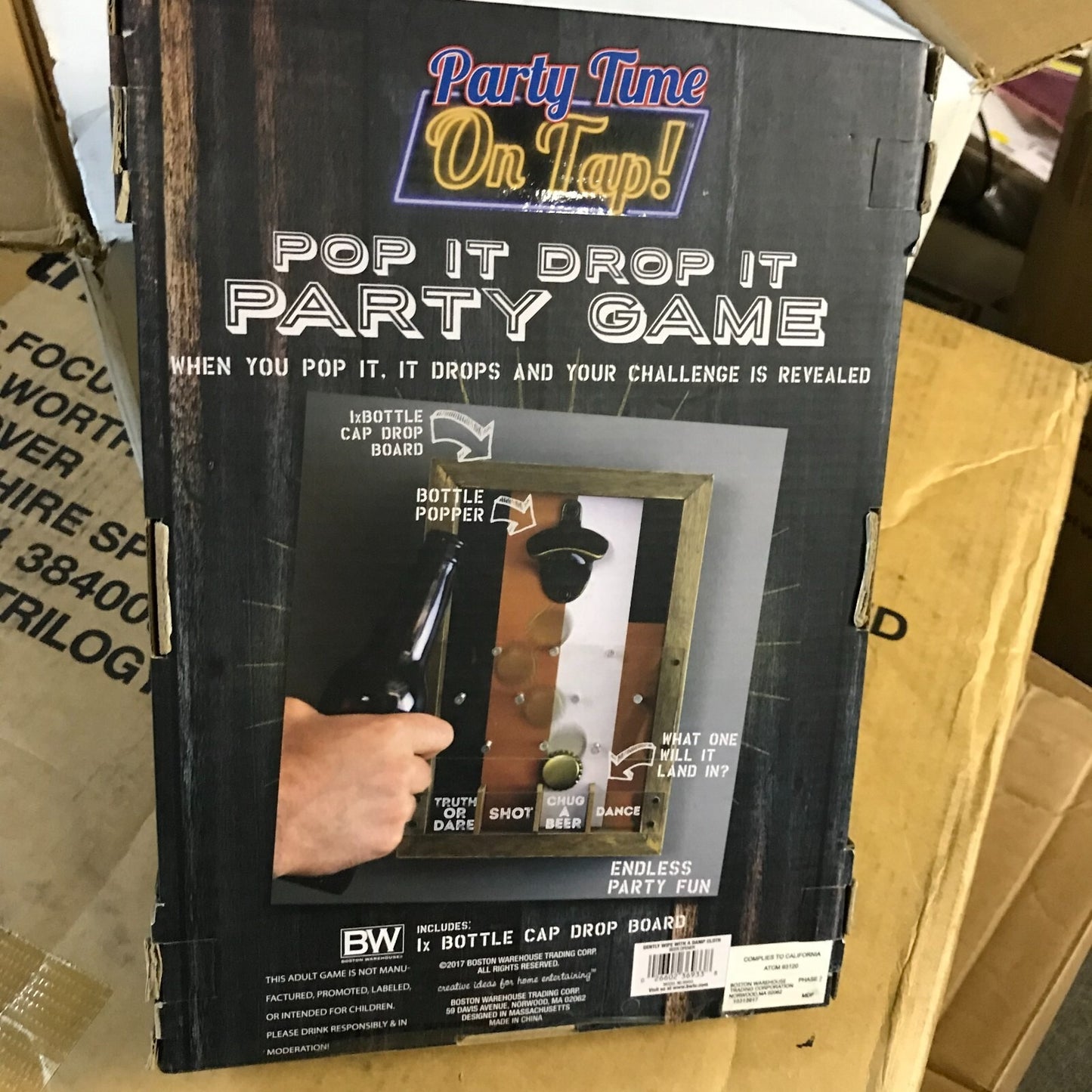 Boston Warehouse Pop It Drop It Party Game and Bottle Opener back of package items details