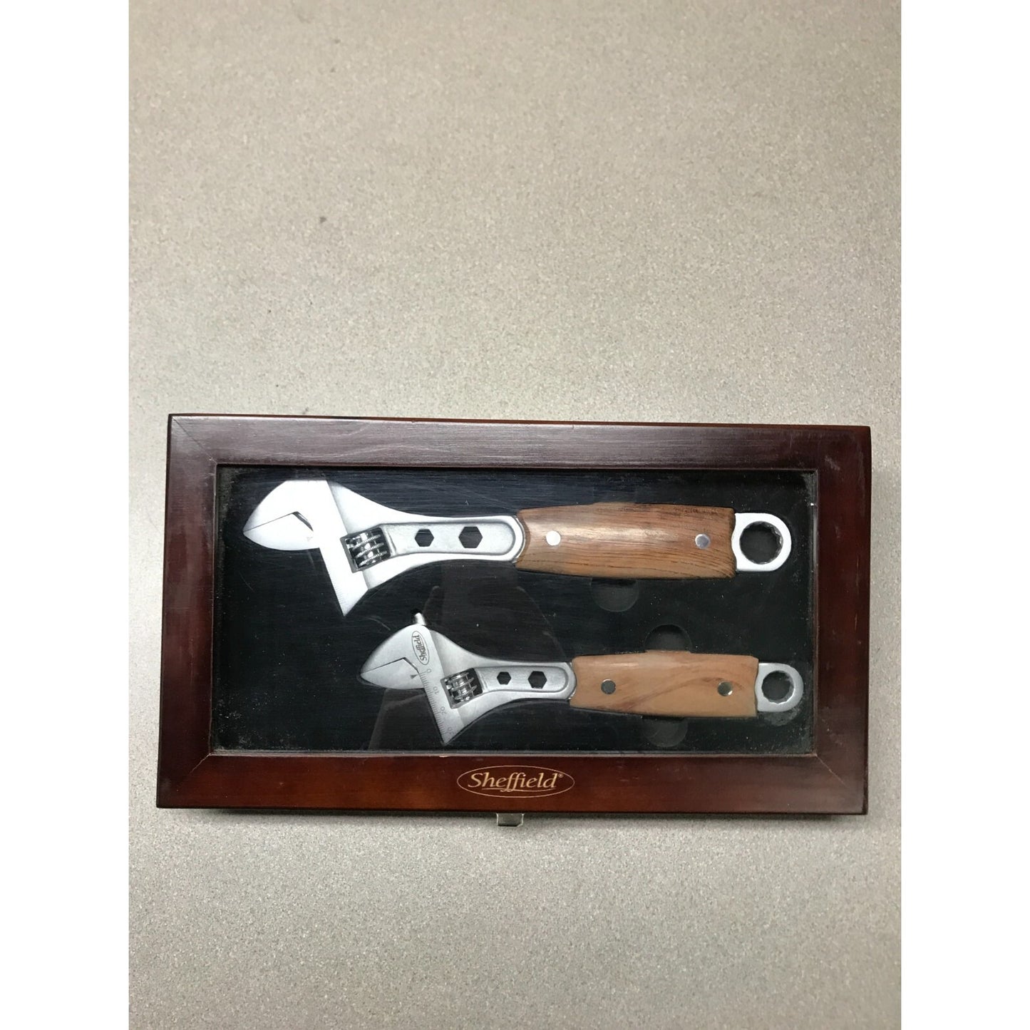 Sheffield Commemorative Wood Handle Adjustable Wrench Set of 2 in display case