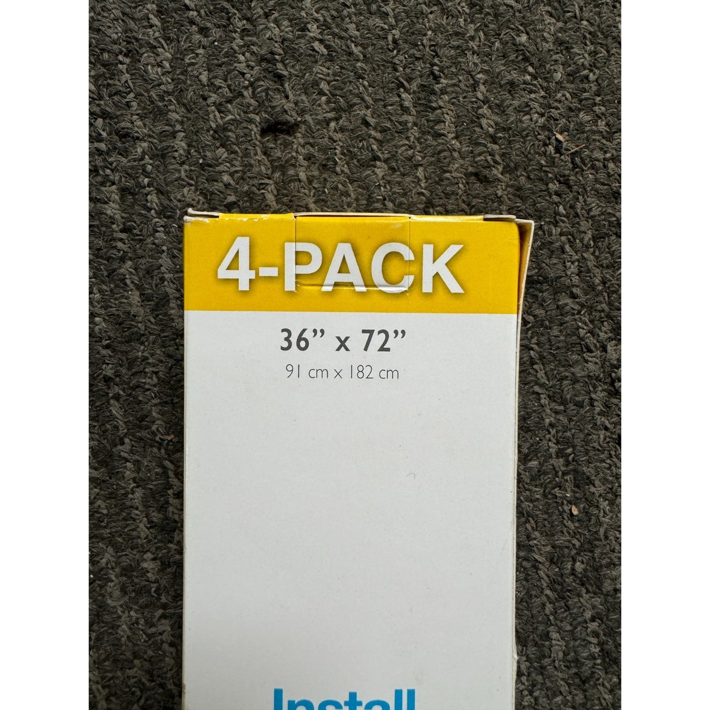 4 Pack Redi Shade No Tools Light Filtering Pleated Paper Shade White, 36 x 72 top of package closeup with size
